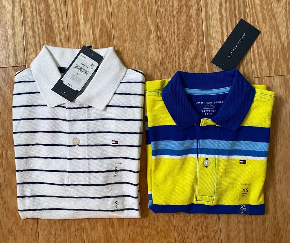 NWT 2 x Tommy Hilfiger Polo Bold Striped Shirt Boys Size XS(4-5) & X(6-7) Cotton
